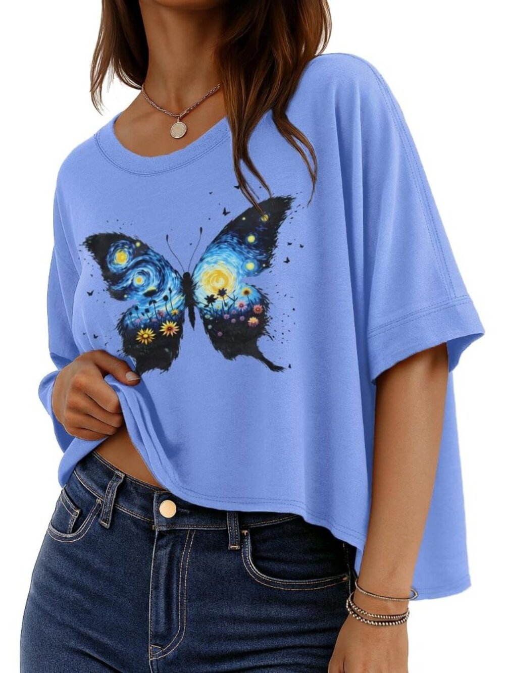 Women's Blue Butterflies Flowers Graphic Half Sleeve Crop Casual Blouse Shirts